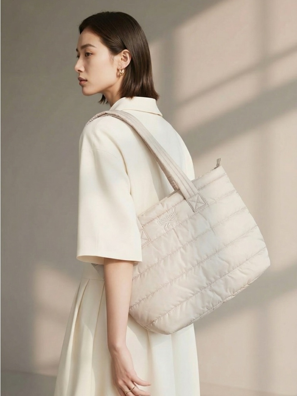 Reebok Quilted Puffer Tote in Light Beige